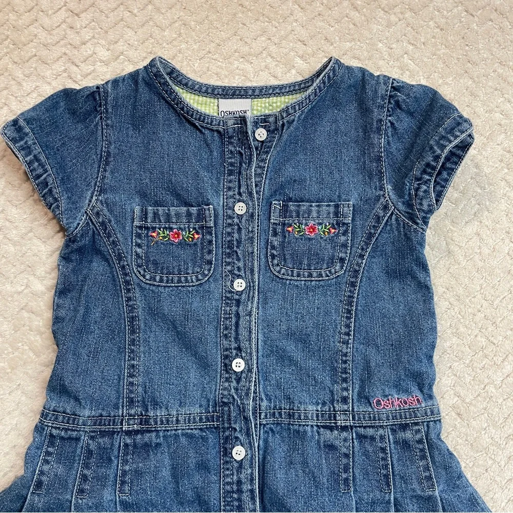 Vintage Y2K OshKosh Toddler Denim Floral Embroidered Pleated Dress‎ Size 3T